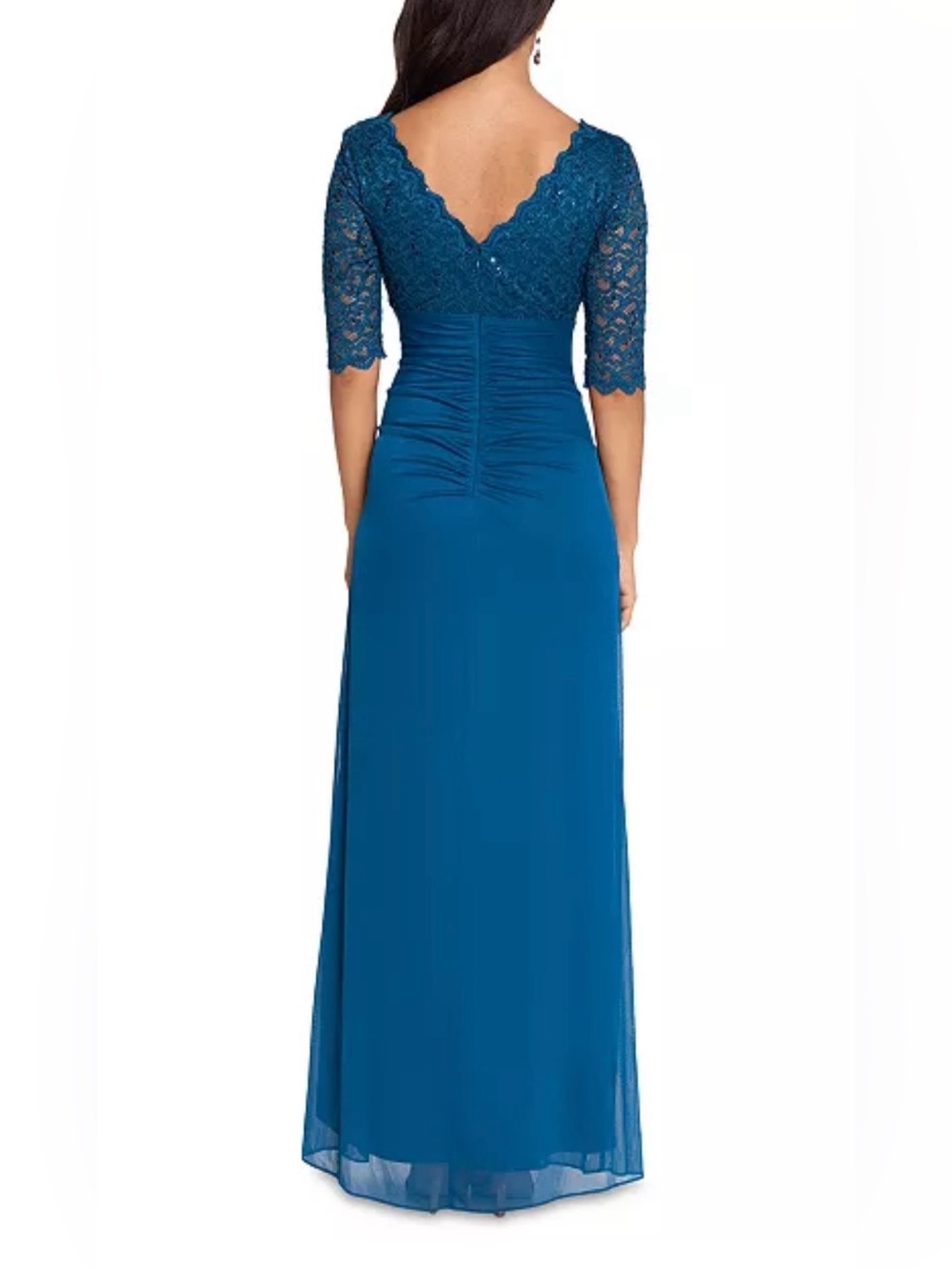 B&A by Betsy & Adam SZ 6-Petite Peacock Lace Ruched V-Neck 3/4 Sleeve Long Gown - Picture 9 of 12